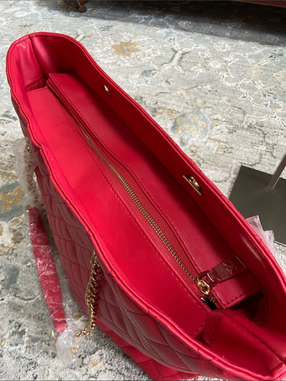 Badgley Mischka Quilted Red Tote with Gold Chain Charm Accents - Picture 3 of 10